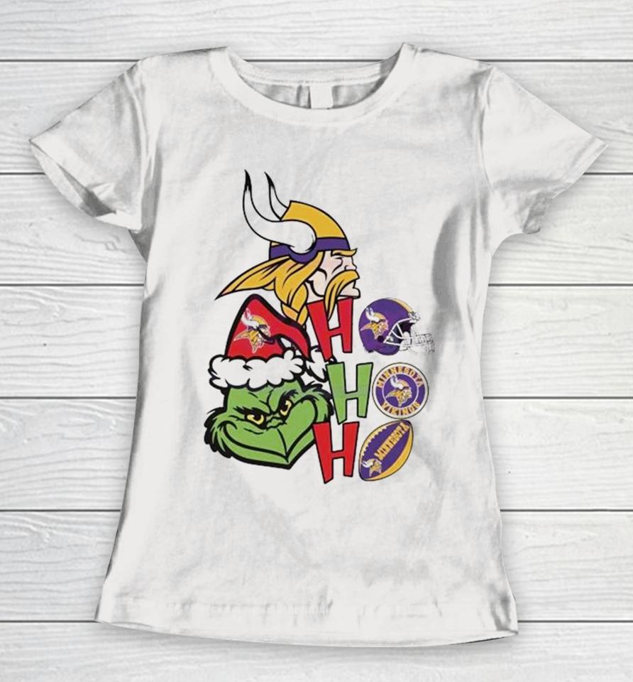 Santa Grinch Head Ho Ho Ho Minnesota Vikings Logo Women T-Shirt