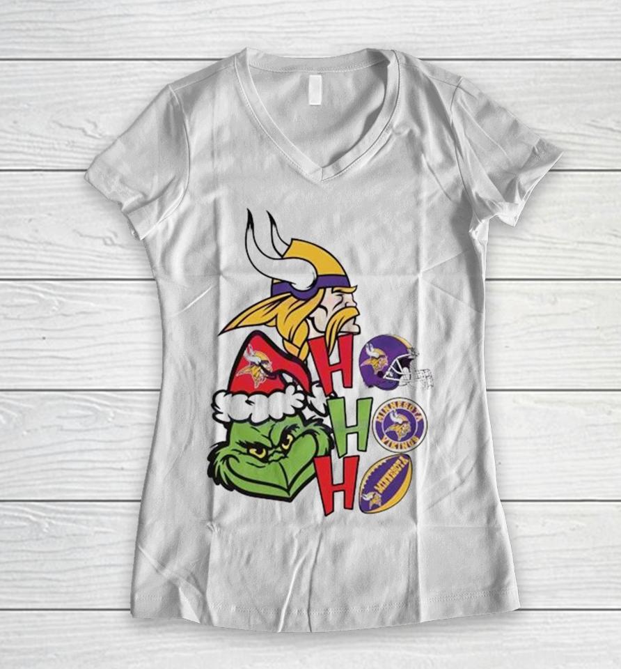 Santa Grinch Head Ho Ho Ho Minnesota Vikings Logo Women V-Neck T-Shirt