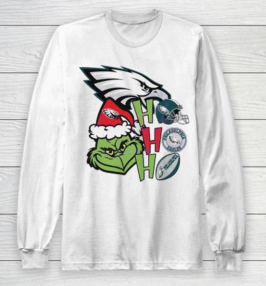 Santa Grinch Head Ho Ho Ho Philadelphia Eagles Logo Long Sleeve T-Shirt