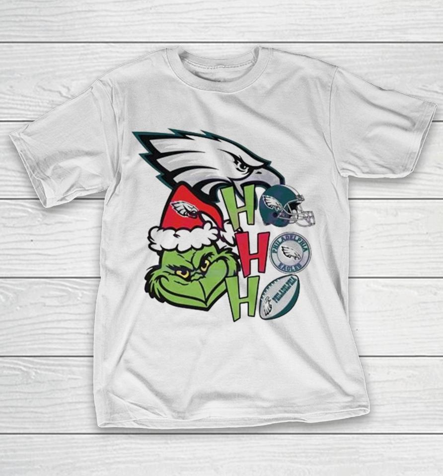 Santa Grinch Head Ho Ho Ho Philadelphia Eagles Logo T-Shirt