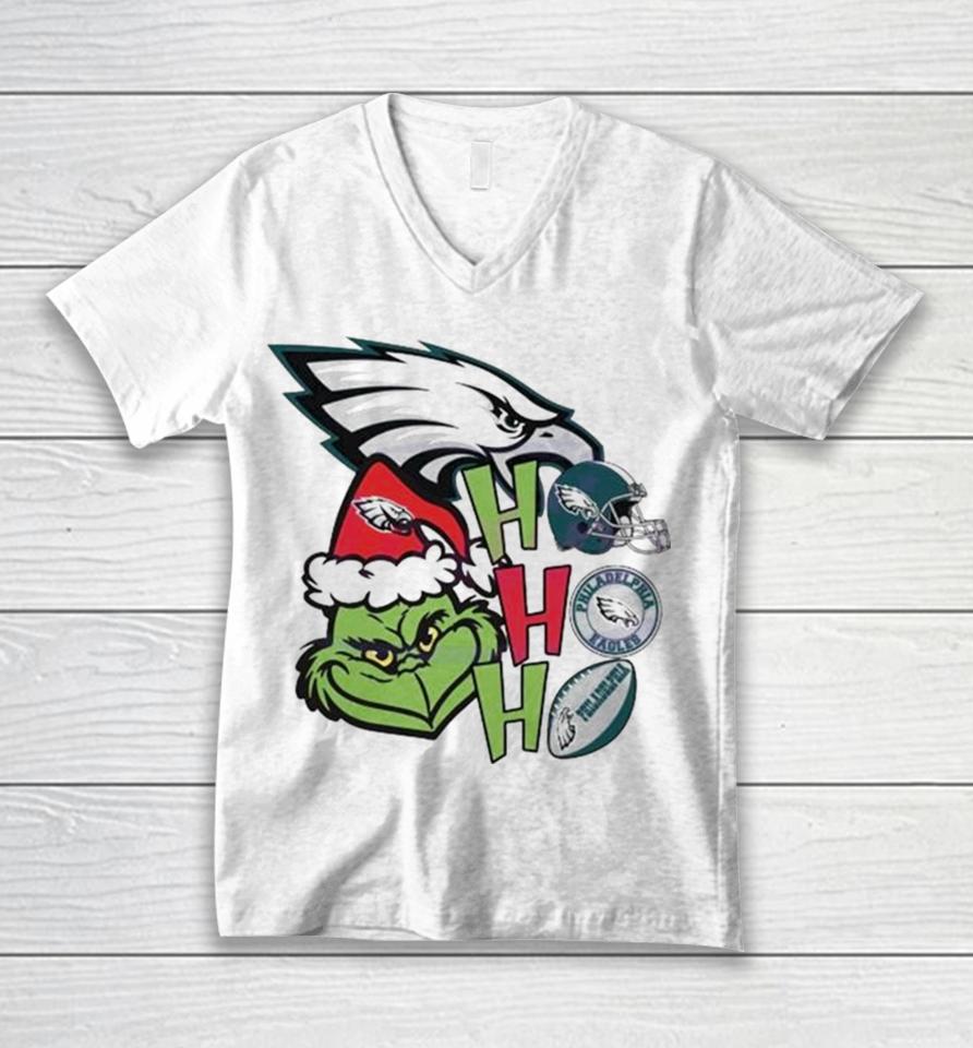 Santa Grinch Head Ho Ho Ho Philadelphia Eagles Logo Unisex V-Neck T-Shirt