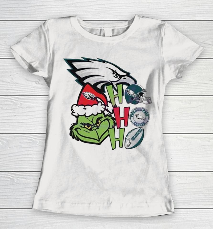 Santa Grinch Head Ho Ho Ho Philadelphia Eagles Logo Women T-Shirt