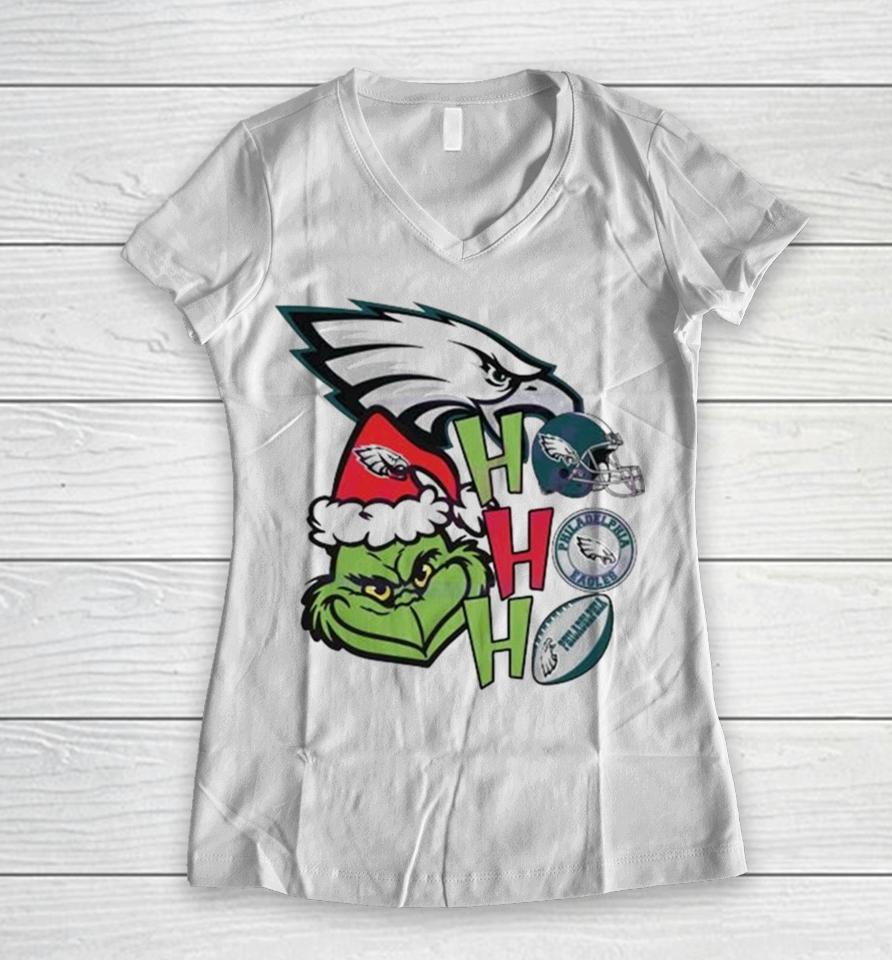 Santa Grinch Head Ho Ho Ho Philadelphia Eagles Logo Women V-Neck T-Shirt