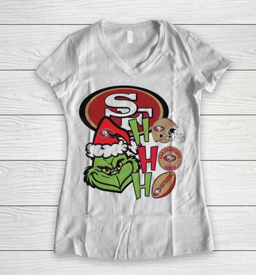 Santa Grinch Head Ho Ho Ho San Francisco 49Ers Logo Women V-Neck T-Shirt