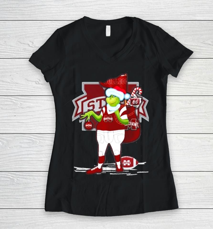 Santa Grinch Mississippi State Bulldogs Gift Christmas Women V-Neck T-Shirt