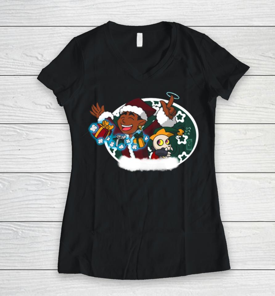 Santa Gus And Elf King Christmas Women V-Neck T-Shirt