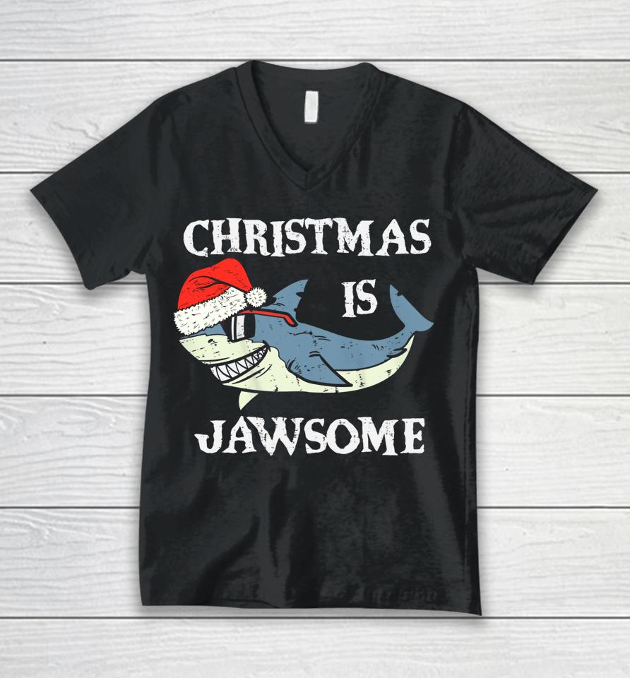 Santa Hat Shark Christmas Is Jawsome Xmas Lights Unisex V-Neck T-Shirt