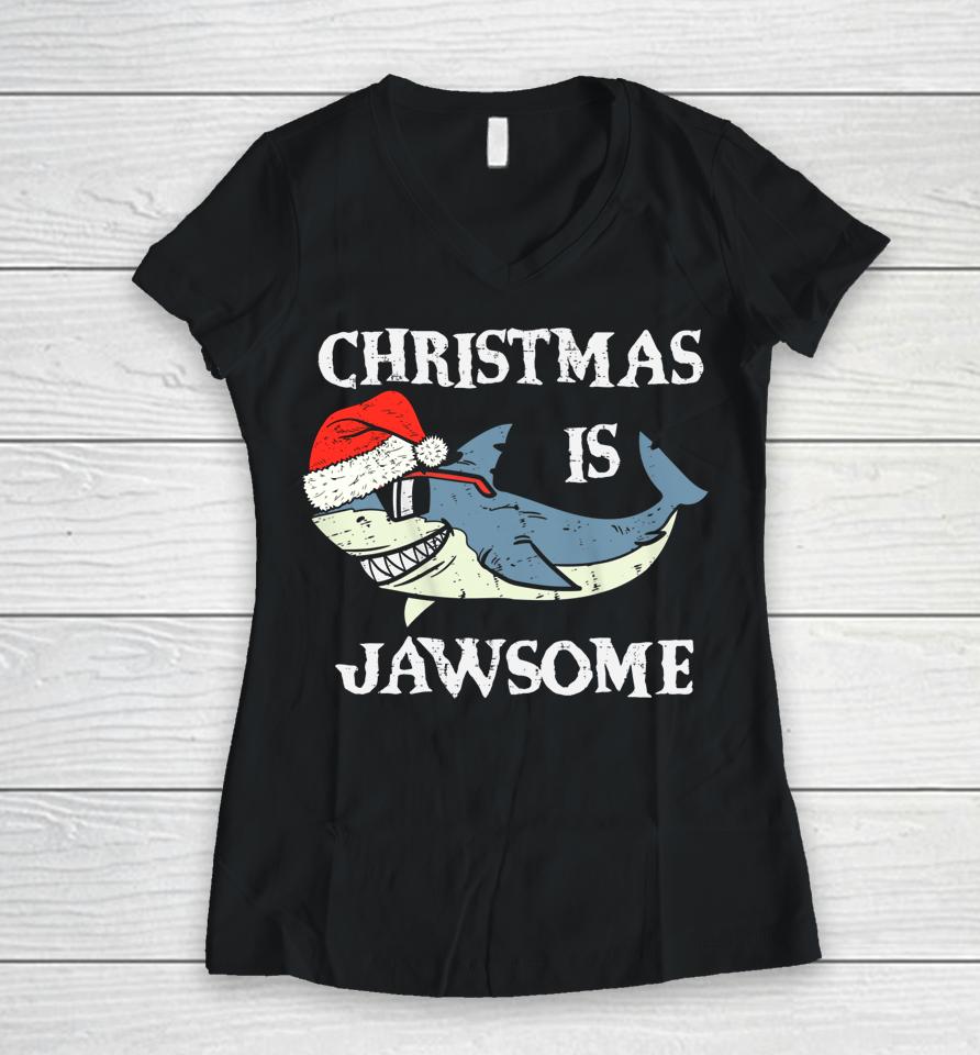 Santa Hat Shark Christmas Is Jawsome Xmas Lights Women V-Neck T-Shirt