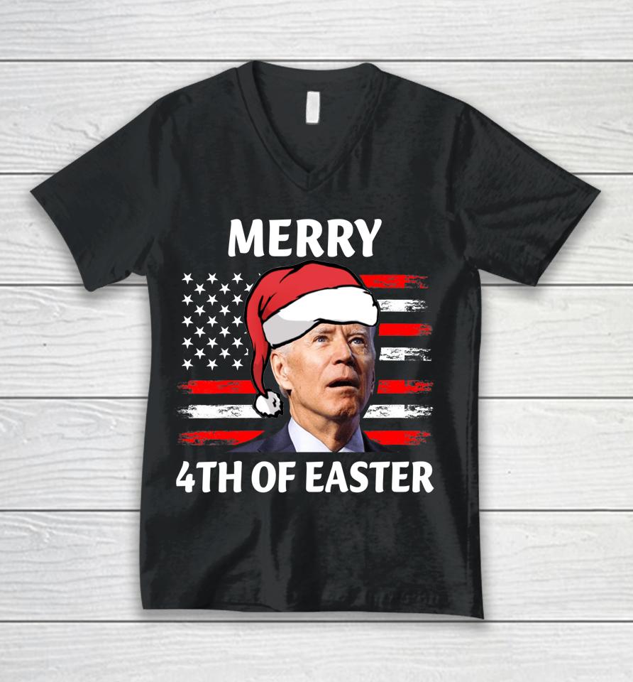 Santa Joe Biden Confused Happy Easter Christmas America Flag Unisex V-Neck T-Shirt