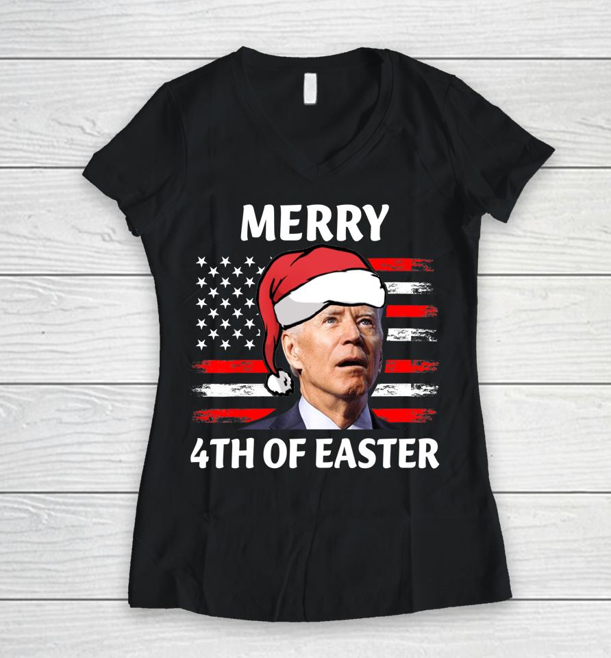 Santa Joe Biden Confused Happy Easter Christmas America Flag Women V-Neck T-Shirt