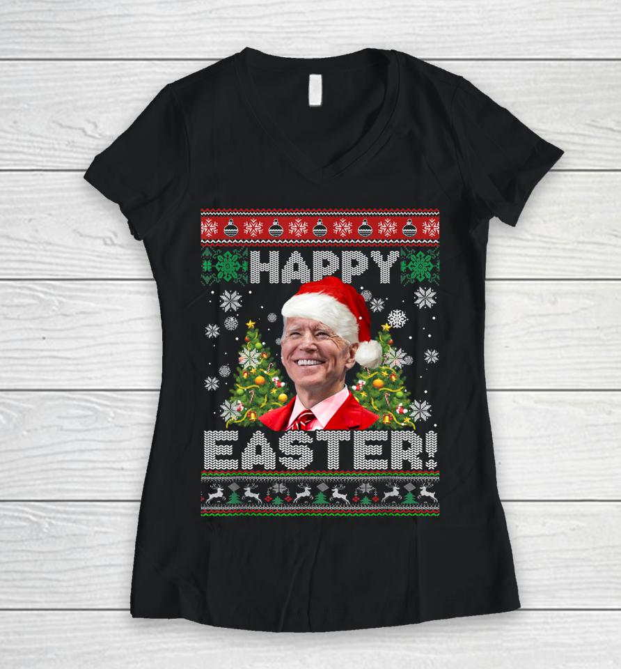 Santa Joe Biden Happy Easter Ugly Christmas Women V-Neck T-Shirt