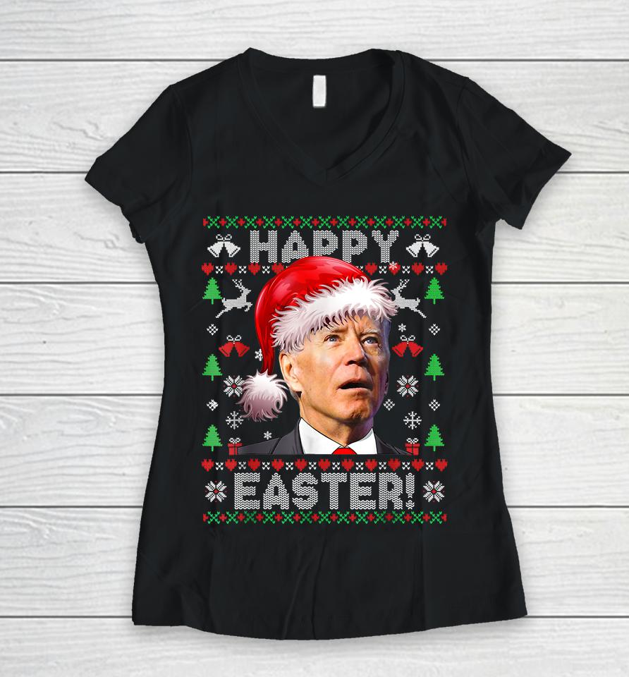 Santa Joe Biden Happy Easter Ugly Christmas Women V-Neck T-Shirt