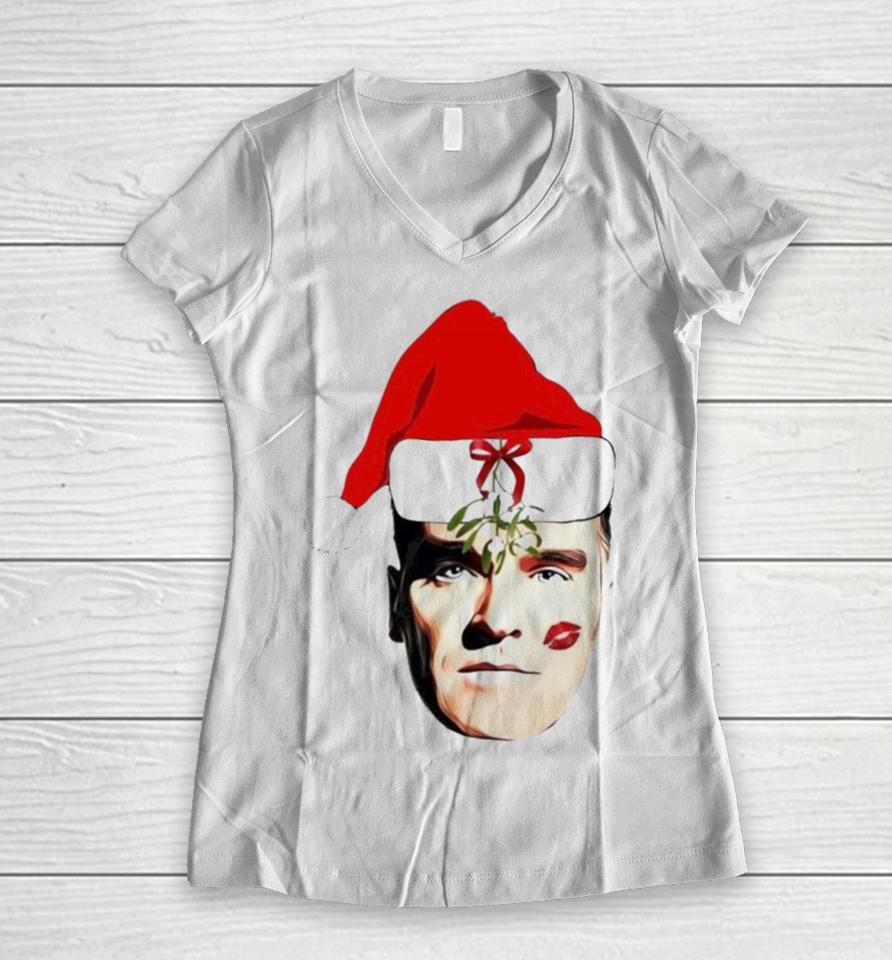 Santa Morrissey Face Merry Christmas Women V-Neck T-Shirt