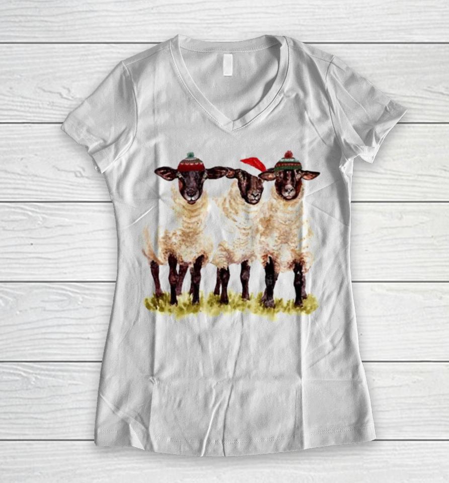 Santa Sheep Merry Christmas Women V-Neck T-Shirt