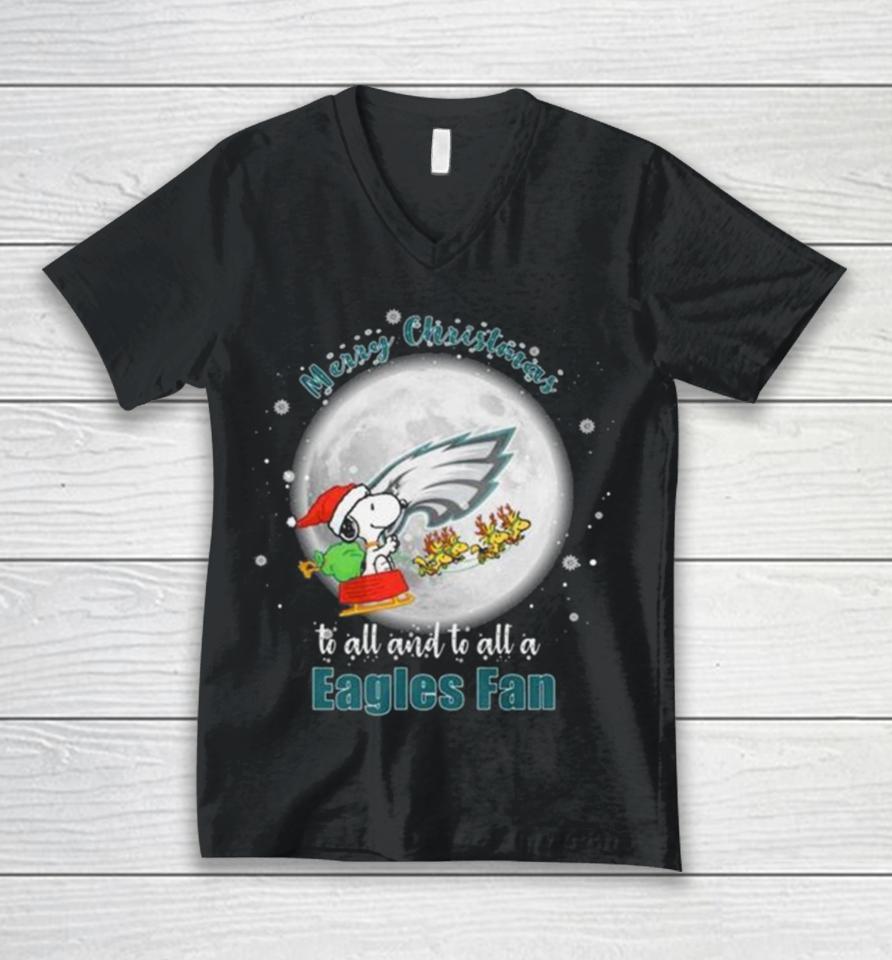 Santa Snoopy And Reindeer Woodstock Merry Christmas To All And To All A Philadelphia Eagles Fan Unisex V-Neck T-Shirt