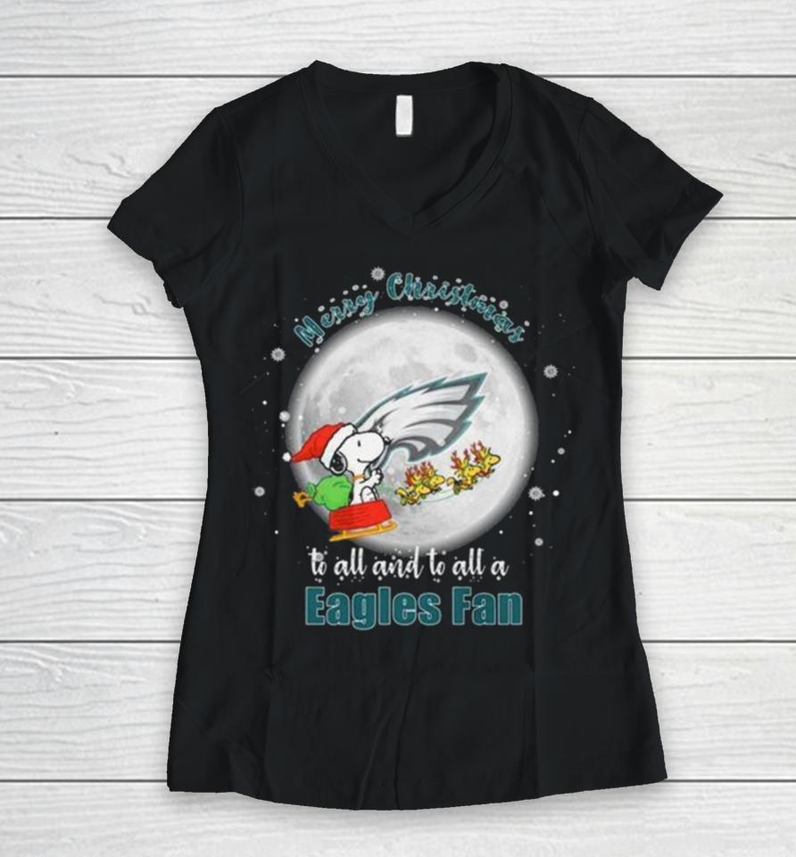 Santa Snoopy And Reindeer Woodstock Merry Christmas To All And To All A Philadelphia Eagles Fan Women V-Neck T-Shirt
