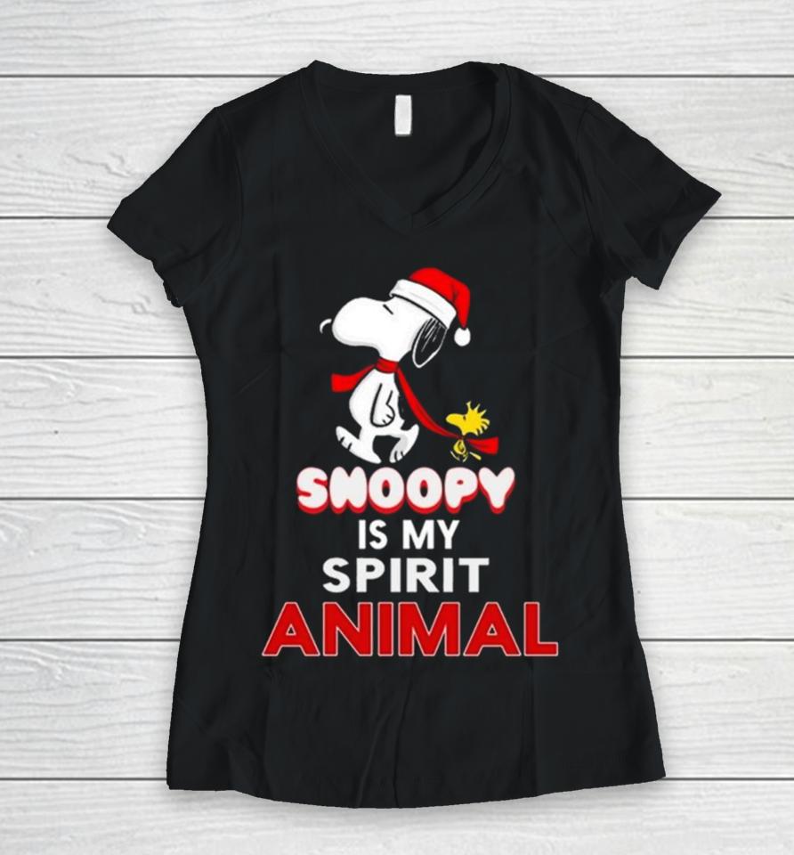 Santa Snoopy And Woodstock Is My Spirit Animal Christmas 2023 Women V-Neck T-Shirt