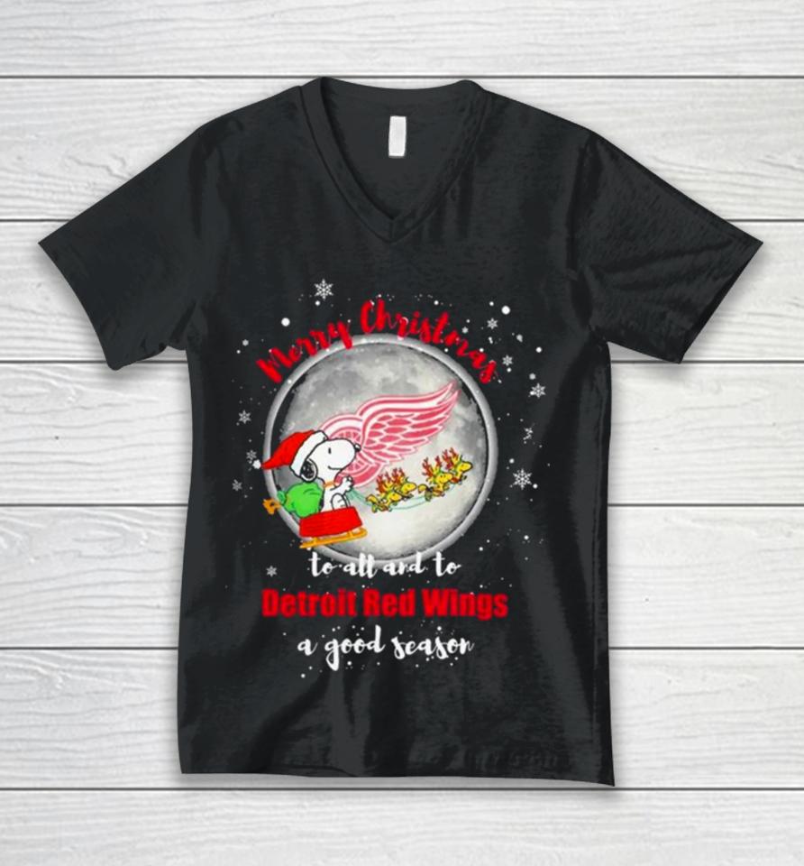 Santa Snoopy Merry Christmas To All And To Detroit Red Wings A Good Season 2023 T Unisex V-Neck T-Shirt