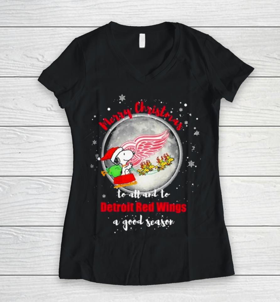 Santa Snoopy Merry Christmas To All And To Detroit Red Wings A Good Season 2023 T Women V-Neck T-Shirt