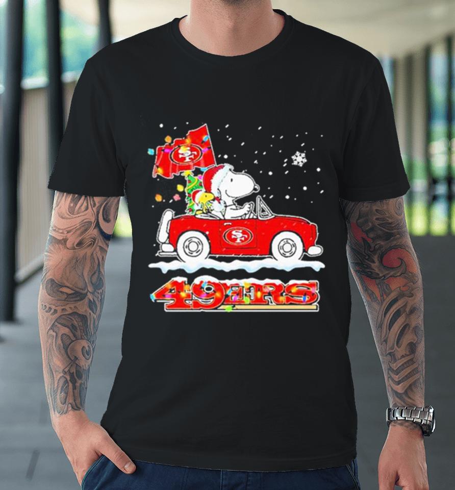 Santa Snoopy Peanut Driving Car San Francisco 49Ers Merry Christmas Premium T-Shirt