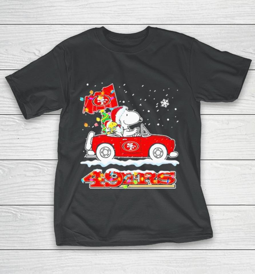 Santa Snoopy Peanut Driving Car San Francisco 49Ers Merry Christmas T-Shirt