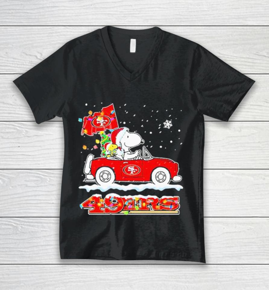 Santa Snoopy Peanut Driving Car San Francisco 49Ers Merry Christmas Unisex V-Neck T-Shirt