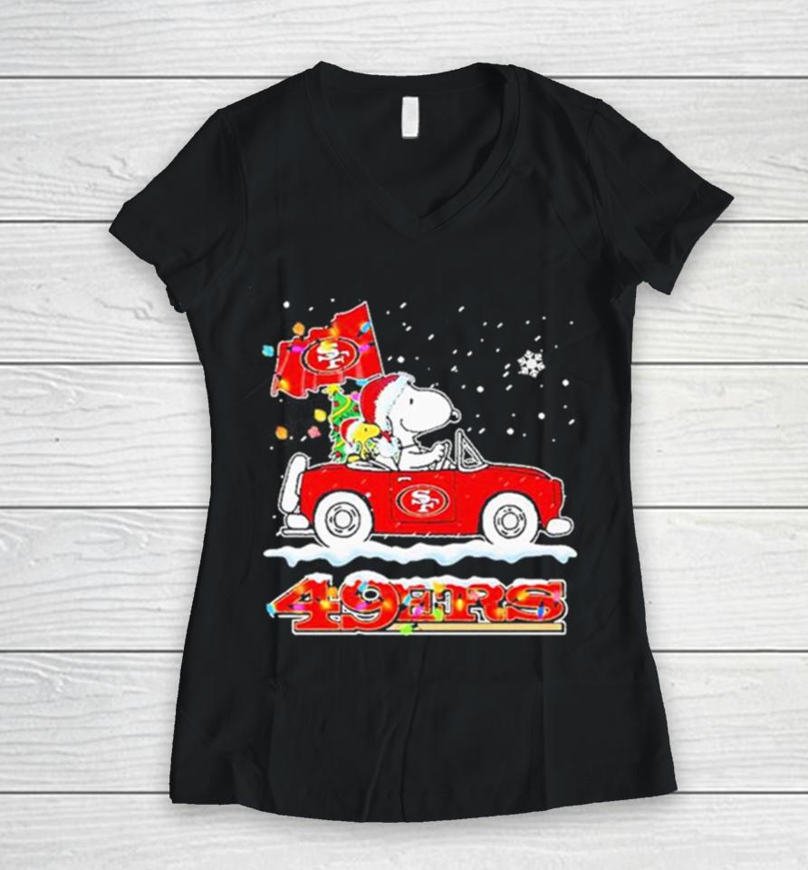 Santa Snoopy Peanut Driving Car San Francisco 49Ers Merry Christmas Women V-Neck T-Shirt