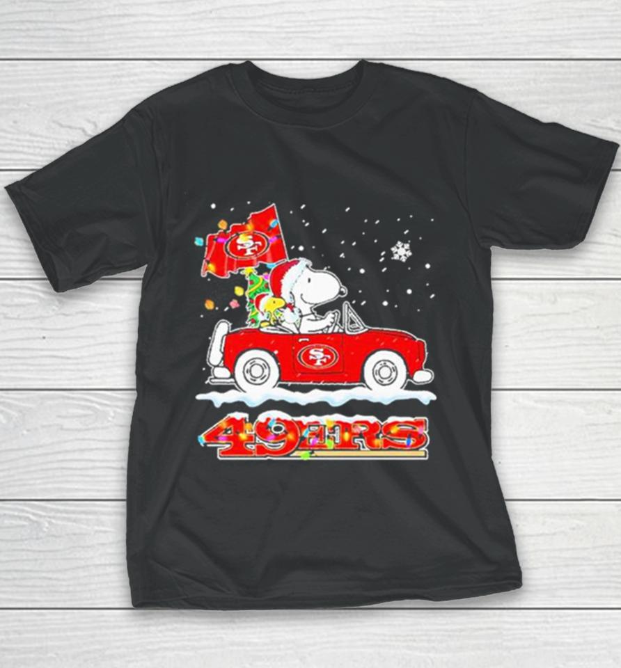 Santa Snoopy Peanut Driving Car San Francisco 49Ers Merry Christmas Youth T-Shirt