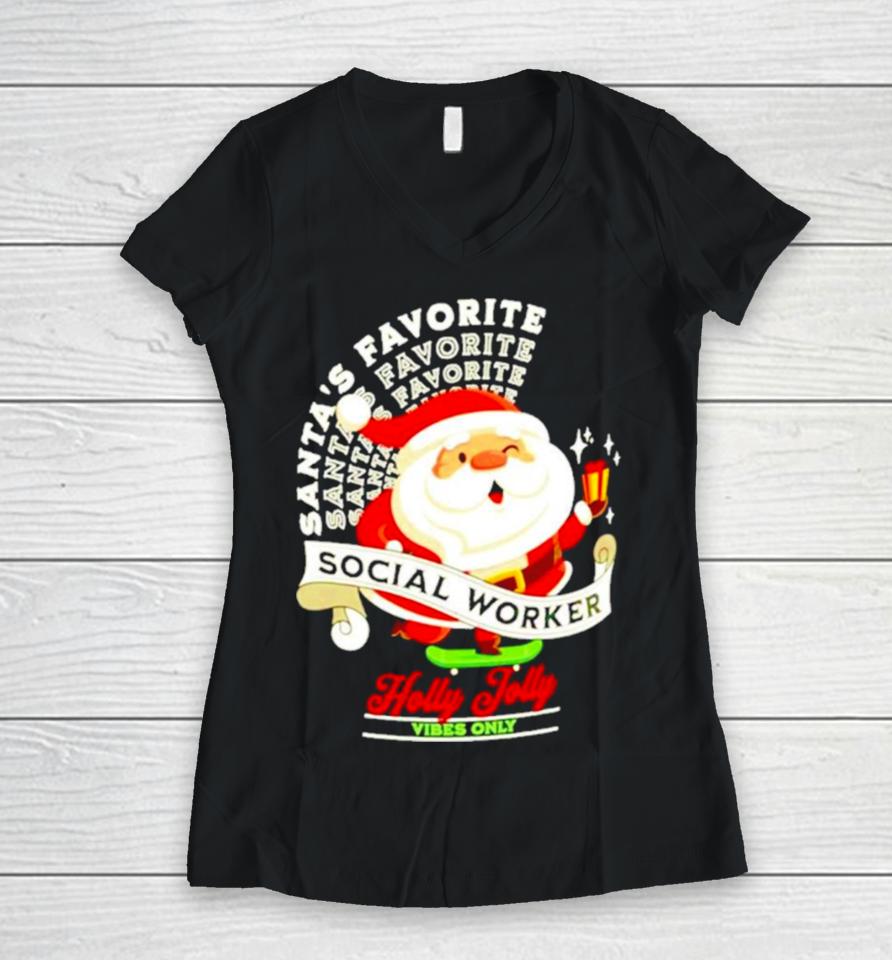 Santa’s Favorite Social Social Worker Christmas Women V-Neck T-Shirt