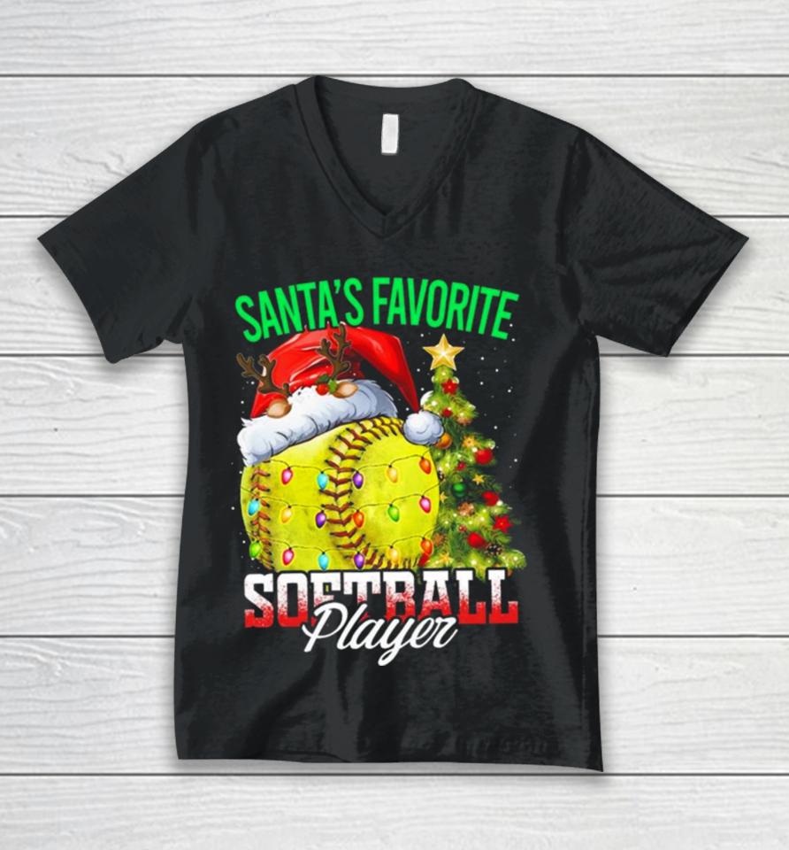 Santa’s Favorite Softball Player Christmas Tree Unisex V-Neck T-Shirt