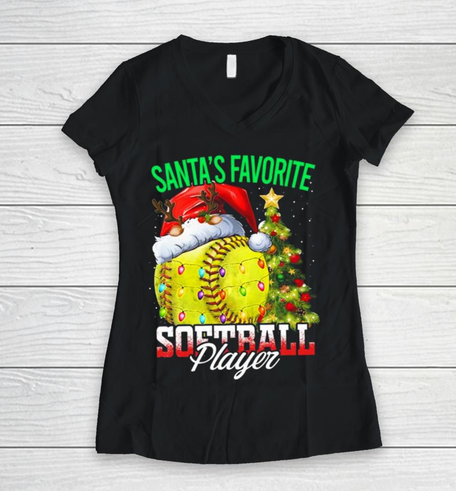 Santa’s Favorite Softball Player Christmas Tree Women V-Neck T-Shirt