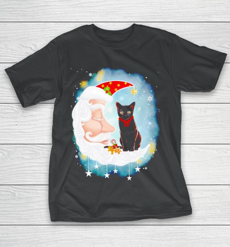 Santa’s Moon Face Black Cat Christmas T-Shirt