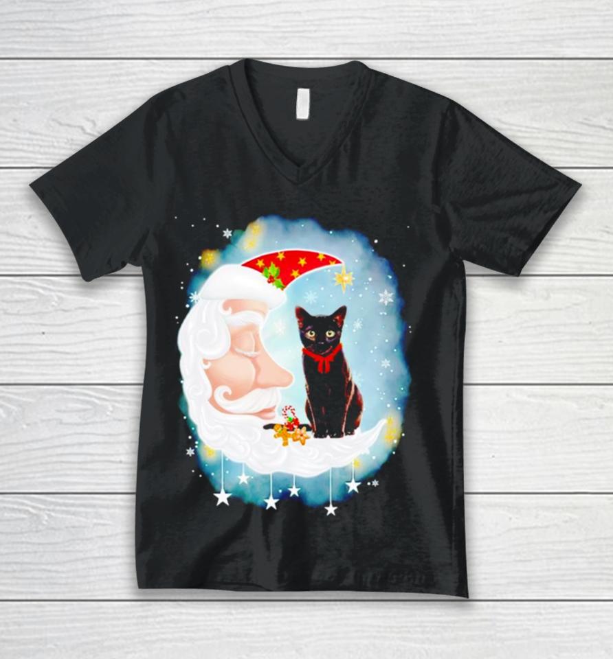 Santa’s Moon Face Black Cat Christmas Unisex V-Neck T-Shirt