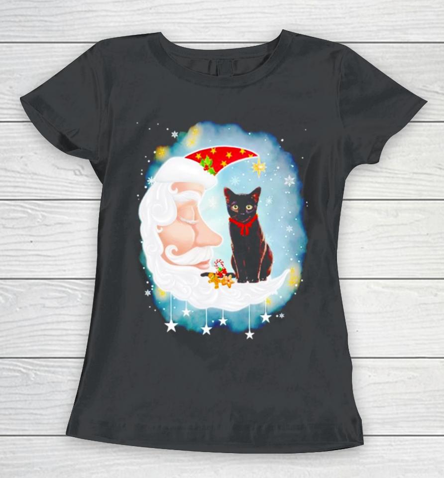 Santa’s Moon Face Black Cat Christmas Women T-Shirt