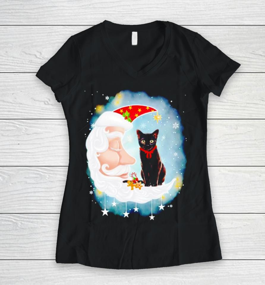 Santa’s Moon Face Black Cat Christmas Women V-Neck T-Shirt