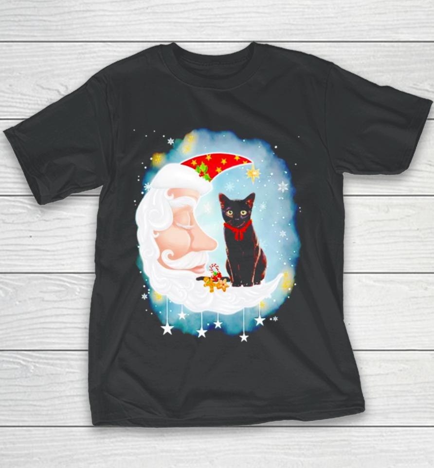 Santa’s Moon Face Black Cat Christmas Youth T-Shirt