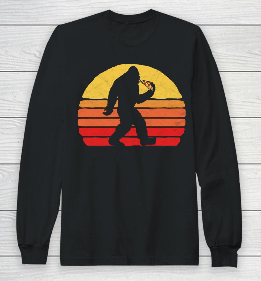 Sasquatch And Pizza Funny Eating Bigfoot &Amp; 80S Sun Graphic Long Sleeve T-Shirt