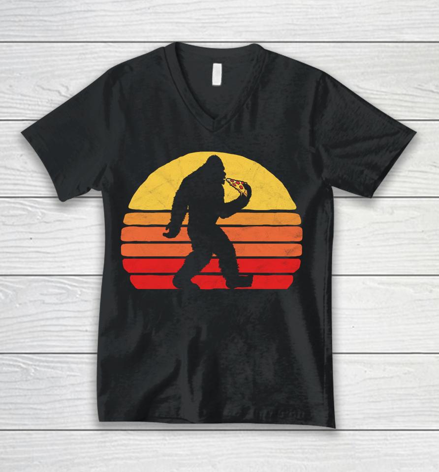 Sasquatch And Pizza Funny Eating Bigfoot &Amp; 80S Sun Graphic Unisex V-Neck T-Shirt