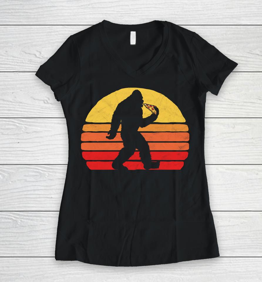 Sasquatch And Pizza Funny Eating Bigfoot &Amp; 80S Sun Graphic Women V-Neck T-Shirt