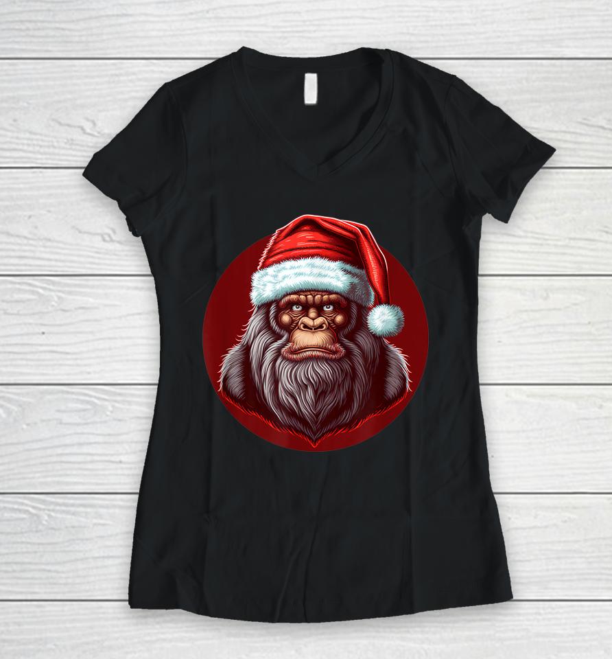 Sasquatch Christmas Santa Claus Xmas Bigfoot Believe Women V-Neck T-Shirt