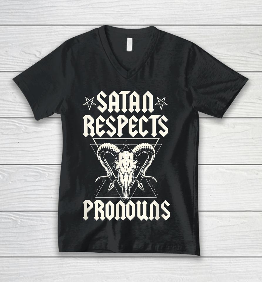 Satan Respects Pronouns Lgbtq Transgender Ally Satanist Unisex V-Neck T-Shirt