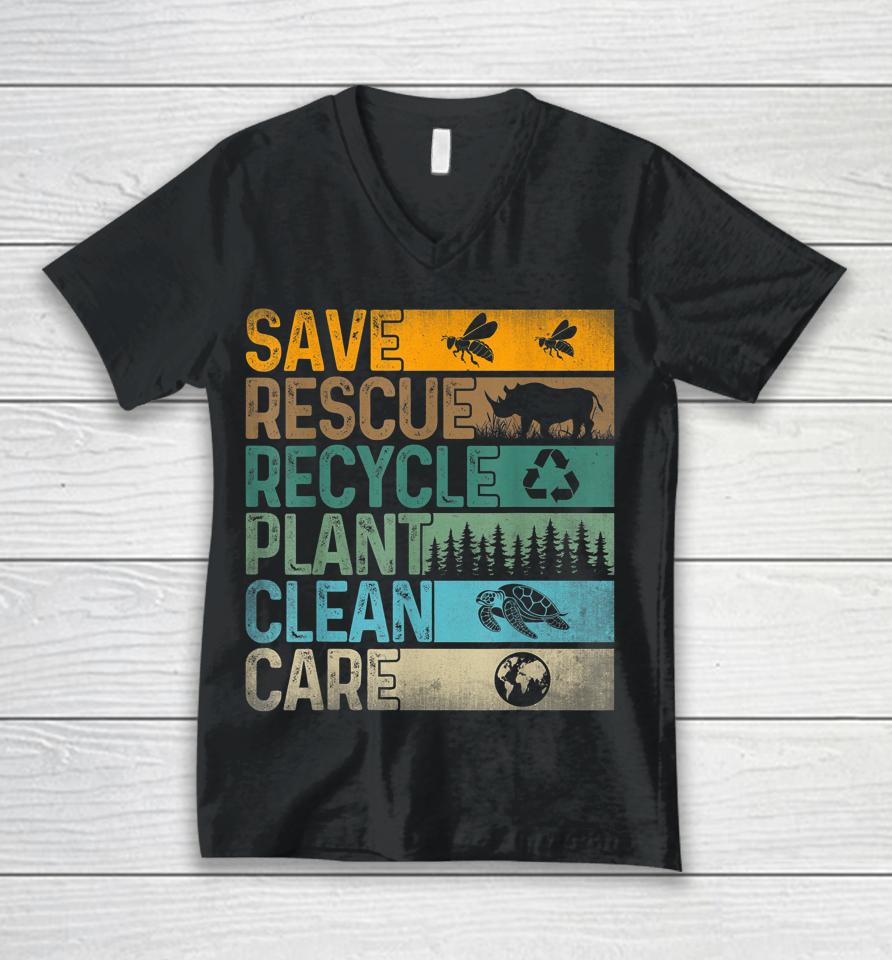 Save Bees Rescue Animals Recycle Plastics Fun Earth Day Unisex V-Neck T-Shirt
