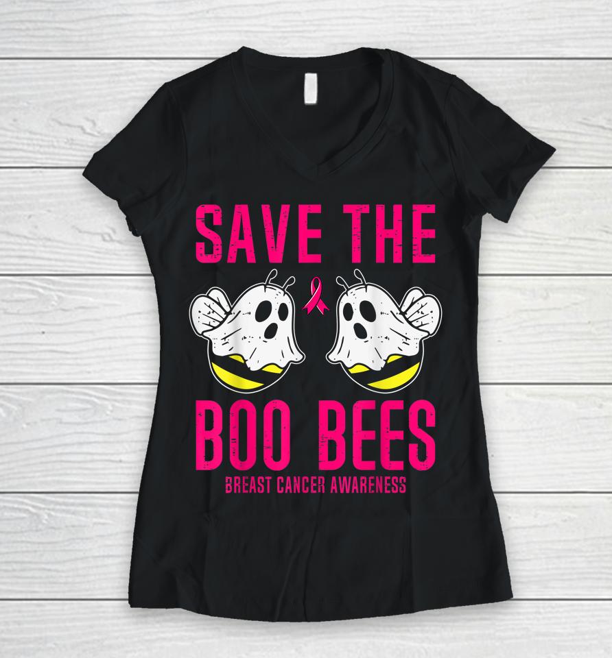 Save The Boobees Boo Bees Breast Cancer Halloween Women V-Neck T-Shirt