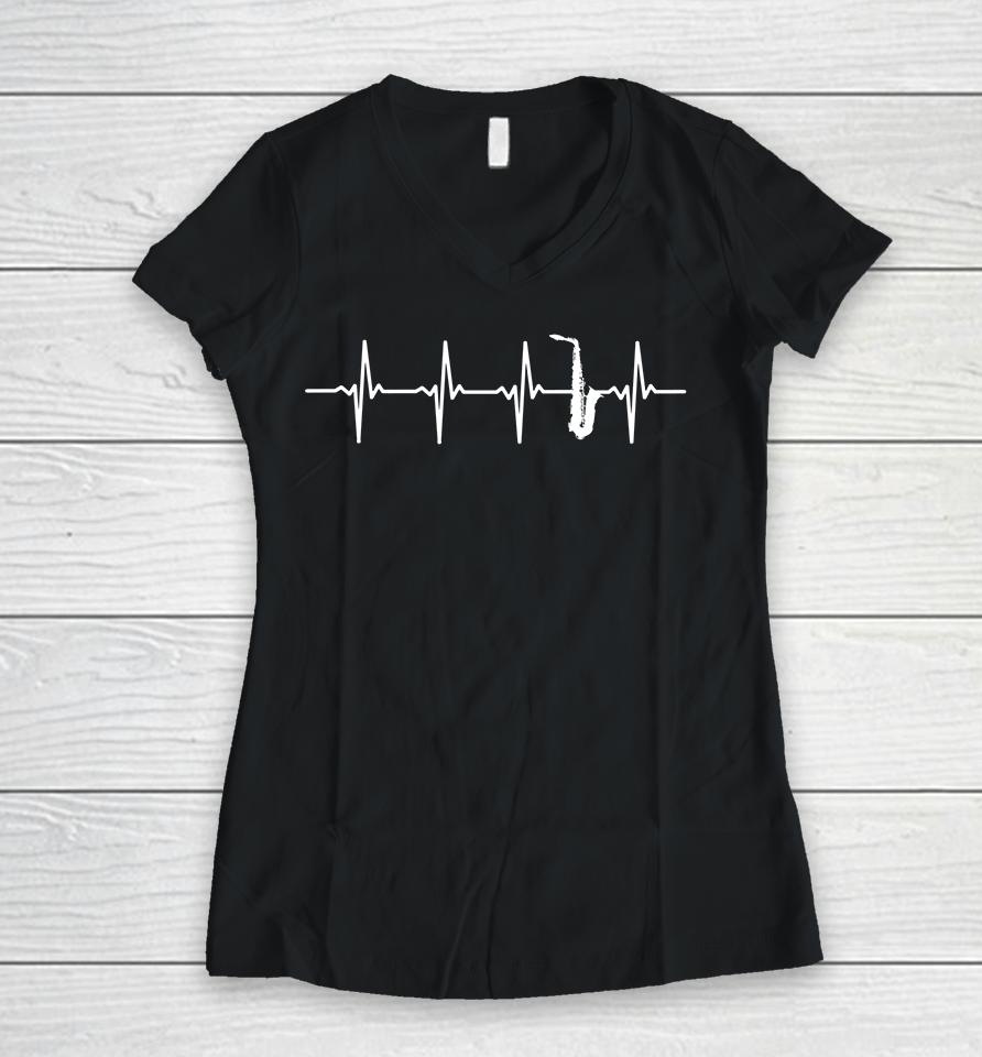 Saxophone Heartbeat Women V-Neck T-Shirt