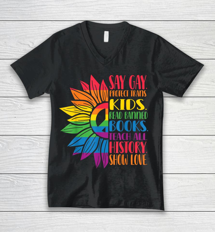 Say Gay Protect Trans Kids Read Banned Books Pride Month Unisex V-Neck T-Shirt