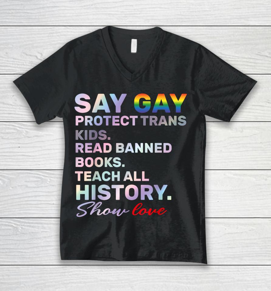 Say Gay Protect Trans Kids Read Banned Books Teach History Unisex V-Neck T-Shirt