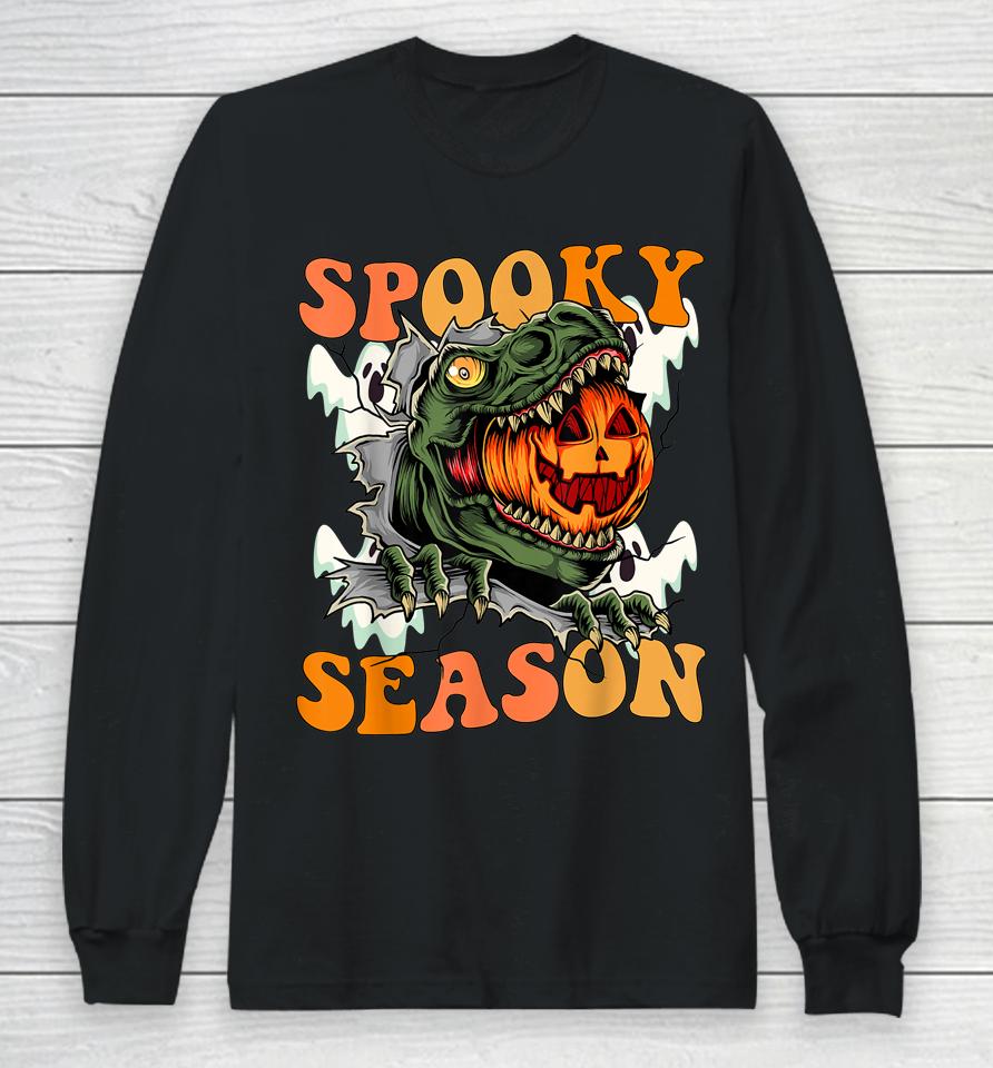 Scary Dinosaur Funny Pumpkin Spooky Season Happy Halloween Long Sleeve T-Shirt