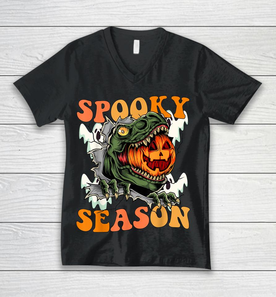 Scary Dinosaur Funny Pumpkin Spooky Season Happy Halloween Unisex V-Neck T-Shirt
