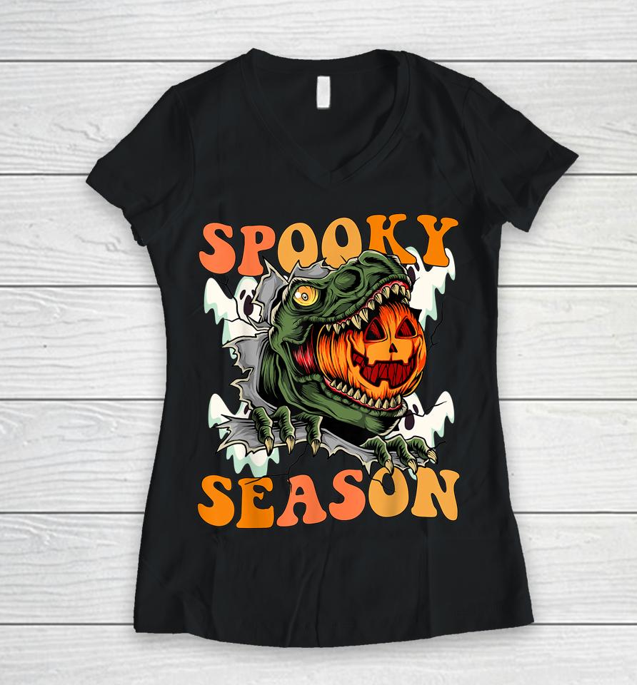 Scary Dinosaur Funny Pumpkin Spooky Season Happy Halloween Women V-Neck T-Shirt