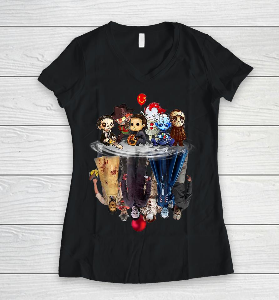 Scary Horror Movies Chibi Character Water Reflection Women V-Neck T-Shirt
